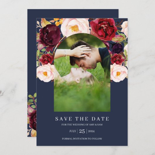 水色フローラ植物性アーチ写真フレーム海軍 セーブザデート (正面/裏面)