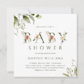 水色フローラ植物文字ベビーシャワー 招待状 (正面)