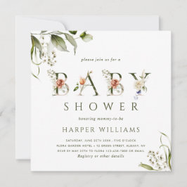 水色フローラ植物文字ベビーシャワー 招待状