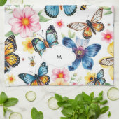 水色フローラ植物模様モノグラムの キッチンタオル (折り畳み)