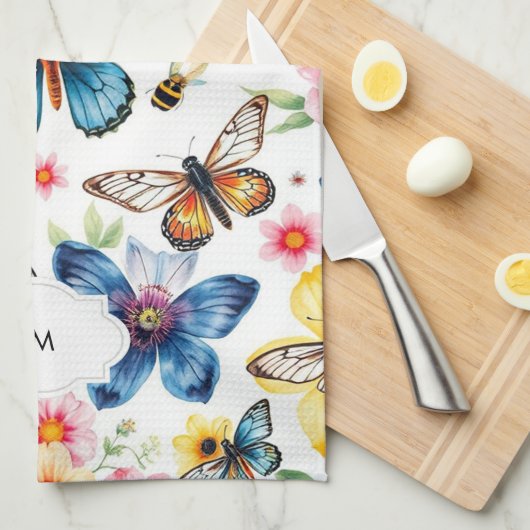 水色フローラ植物模様モノグラムの キッチンタオル (四つ折り)