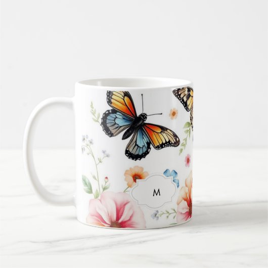 水色フローラ植物模様モノグラムの コーヒーマグカップ (左)