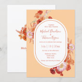 水色フローラ植物赤オレンジ結婚色 招待状 (正面/裏面)