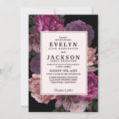 水色フローラ濃いムーディ結婚ブラック 招待状 (正面)