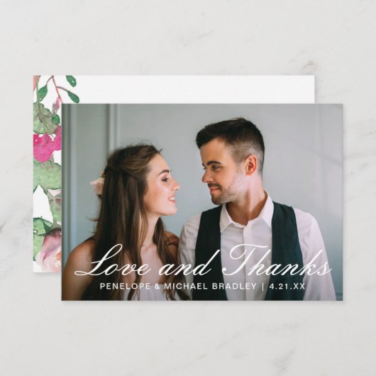 水色フローラ結婚の写真サンキューカード サンキューカード (正面/裏面)