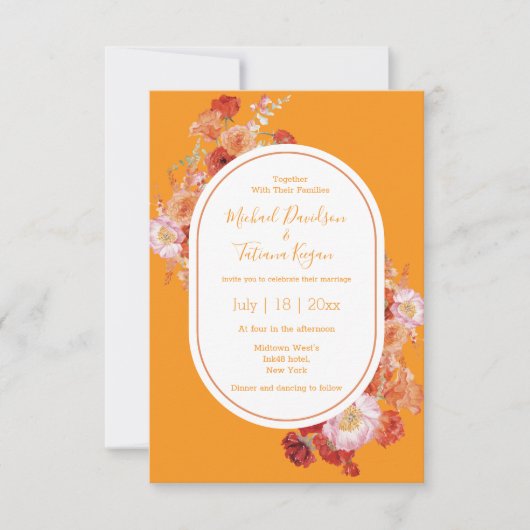 水色フローラ赤オレンジ色シック結婚シック 招待状 (正面)