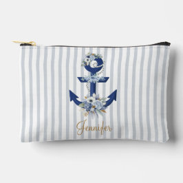 水色フローラ青航海のストライプ金ゴールド名 アクセサリーポーチ