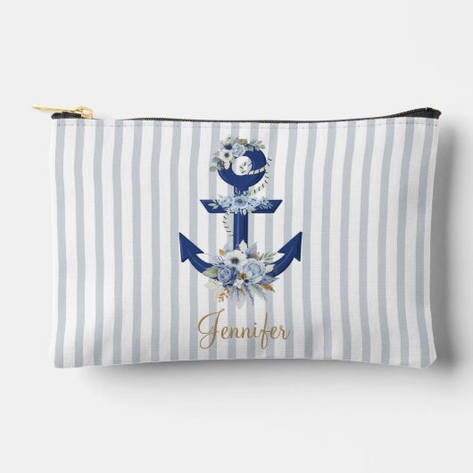 水色フローラ青航海のストライプ金ゴールド名 アクセサリーポーチ (正面)