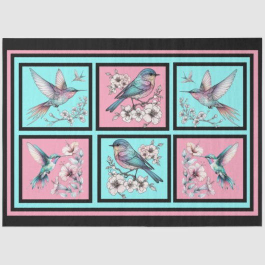 水色フローラ鳥のタイル切り離し 薄葉紙 (正面)