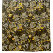 水色フローラ黄褐色パターン。 シャワーカーテン (正面)