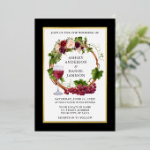 水色ブドウつる植物フローラリースブラック金ゴールド 箔招待状 (立ち正面)