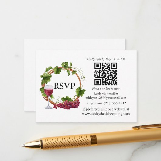 水色ブドウつる植物リース結婚式RSVP QR エンクロージャーカード (正面/裏面インサイチュ)