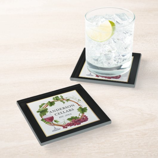 水色ブドウつる植物ワインセラー金ゴールドブラック ガラスコースター (アングル)