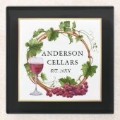 水色ブドウつる植物ワインセラー金ゴールドブラック ガラスコースター (正面)