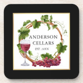 水色ブドウつる植物ワインセラー金ゴールドブラック コースター (正面)