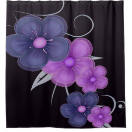 水色ブラックパープルフローラ シャワーカーテン