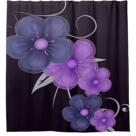 水色ブラックパープルフローラ シャワーカーテン (正面)