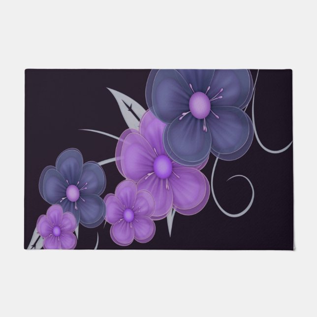水色ブラックパープルフローラ ドアマット (正面)