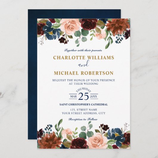 水色ブルゴーニュ赤海軍フローラボー素朴ホイン 招待状 (正面/裏面)