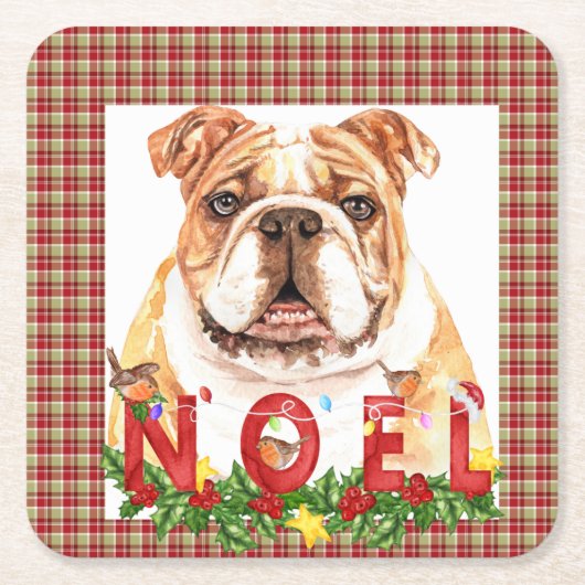 水色ブルドッグノールクリスマス スクエアペーパーコースター (正面)