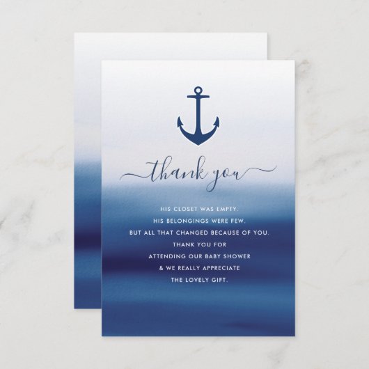 水色ブルーいかりベビーシャワーサンキューカード サンキューカード (正面/裏面)