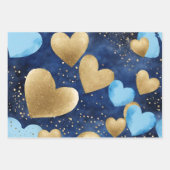 水色ブルーと金ゴールドインクバレンタインハート ラッピングペーパーシート (正面)
