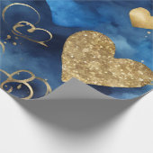 水色ブルーと金ゴールドインクバレンタインハート ラッピングペーパー (角)