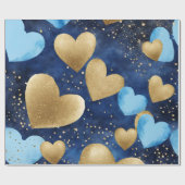 水色ブルーと金ゴールドインクバレンタインハート ラッピングペーパー (フラット)