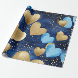 水色ブルーと金ゴールドインクバレンタインハート ラッピングペーパー
