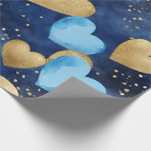水色ブルーと金ゴールドインクバレンタインハート ラッピングペーパー (角)