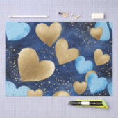 水色ブルーと金ゴールドインクバレンタインハート 薄葉紙 (クラフト)