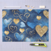 水色ブルーと金ゴールドインクバレンタインハート 薄葉紙 (クラフト)