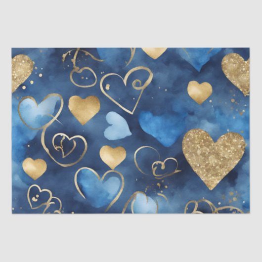 水色ブルーと金ゴールドインクバレンタインハート 薄葉紙 (正面)