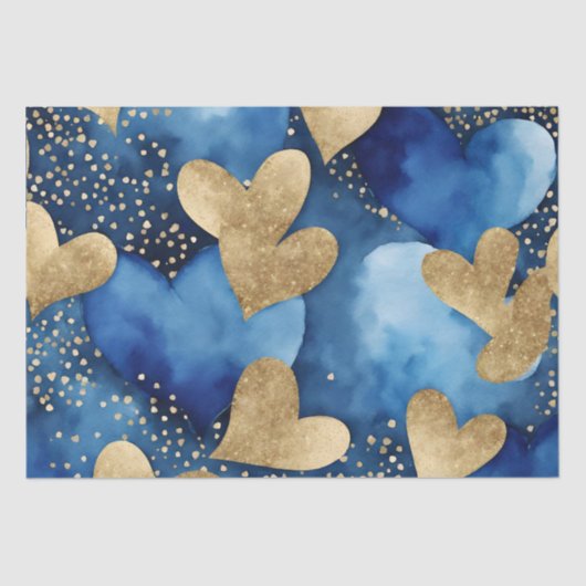水色ブルーと金ゴールドインクバレンタインハート 薄葉紙 (正面)