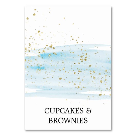 水色ブルーと金ゴールドスパークルフードテントカード テーブルナンバー (正面)