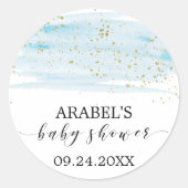 水色ブルーと金ゴールドスパークルベビーシャワーの好意 ラウンドシール (正面)