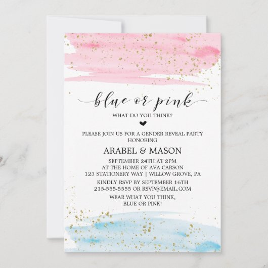 水色ブルーまたはピンクの性別の表示パーティー 招待状 (正面)