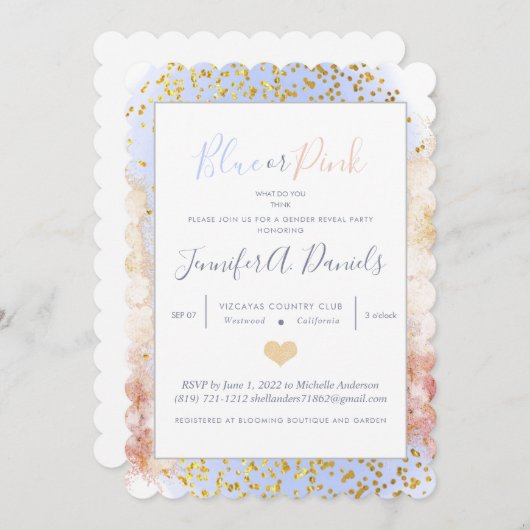 水色ブルーまたはピンクの性別の表示パーティー 招待状 (正面/裏面)