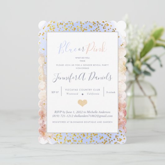 水色ブルーまたはピンクの性別の表示パーティー 招待状 (スタンド正面)