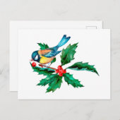 水色ブルーイエローバードオンホリーベリーブランチ ポストカード (正面/裏面)