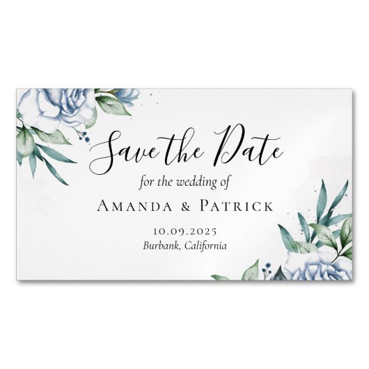 水色ブルーエレガントな結婚式の日付を保存 マグネット名刺 (正面)