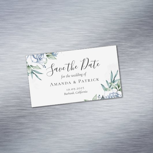 水色ブルーエレガントな結婚式の日付を保存 マグネット名刺 (インサイチュ)