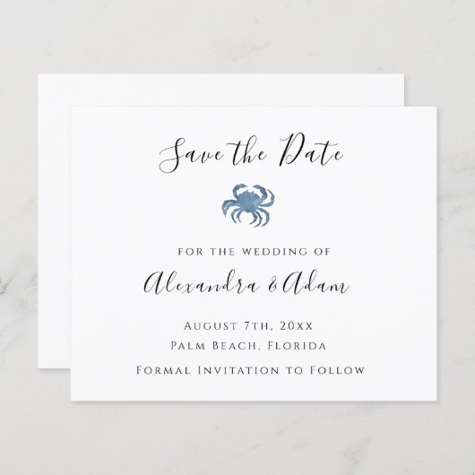 水色ブルーカニ結婚式の日付カードを保存 (正面/裏面)