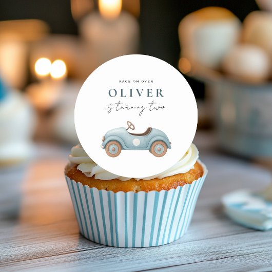 水色ブルーカー誕生日シール | ボーイズパーティー ラウンドシール