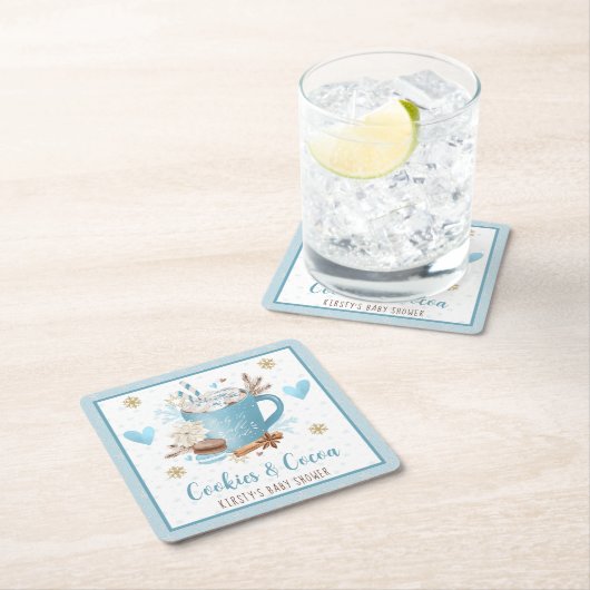 水色ブルークッキーとココアベビーシャワー スクエアペーパーコースター (インサイチュ)