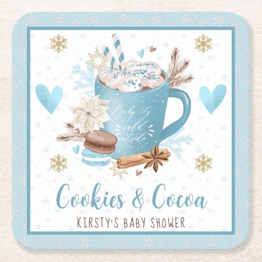 水色ブルークッキーとココアベビーシャワー スクエアペーパーコースター (正面)