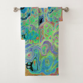 水色ブルーグルービー抽象芸術レトロ液スワール バスタオルセット