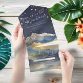 水色ブルーゴールドフォイル山々ウェディングRSVP オールインワン招待状