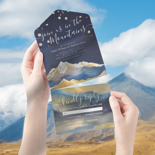水色ブルーゴールドフォイル山々ウェディングRSVP オールインワン招待状