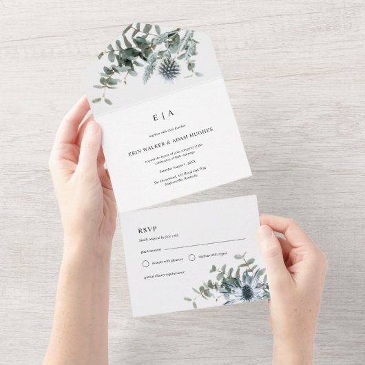 水色ブルーティスルユーカリ結婚ス オールインワン招待状 (貼ってはがせる)